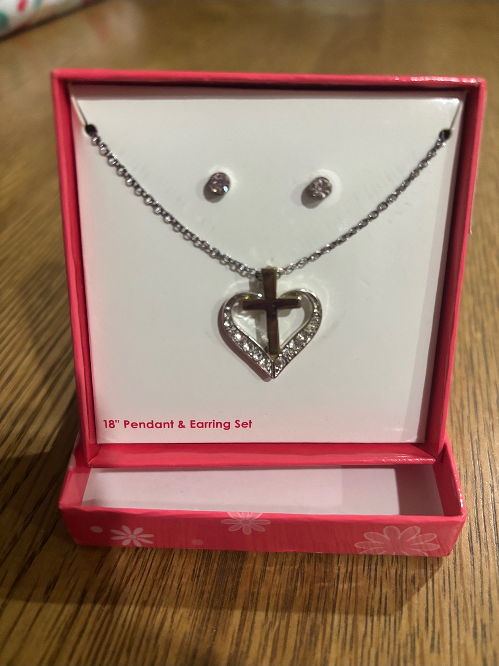Silver Heart Cross Pendant & Earring Set - Silver